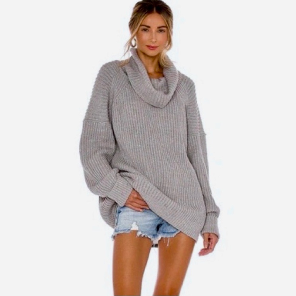 Free People Leo Chunky Rib Knit Confetti Dot Grey Sweater Oversized Medium